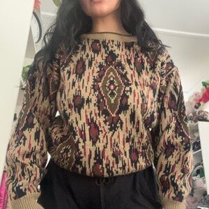 Cream and Red Crew Neck Sweater with Intricate Pattern